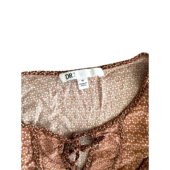 DR2 Women’s Floral Ruffle Blouse Size M 
Peasant Top with Tie Neck | Rust Pink - Picture 3 of 6